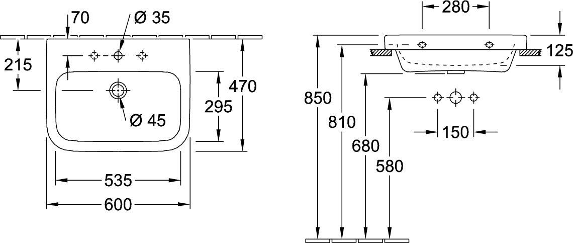 Villeroy & Boch Architectura Wandwaschbecken 600 mm Weiß Alpin Rechteck