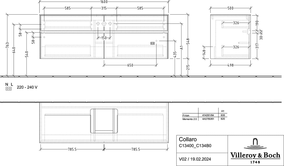Villeroy & Boch Waschbeckenunterschrank Collaro C134 B0 1600 mm Nordic Oak mit Beleuchtung und SoftClosing