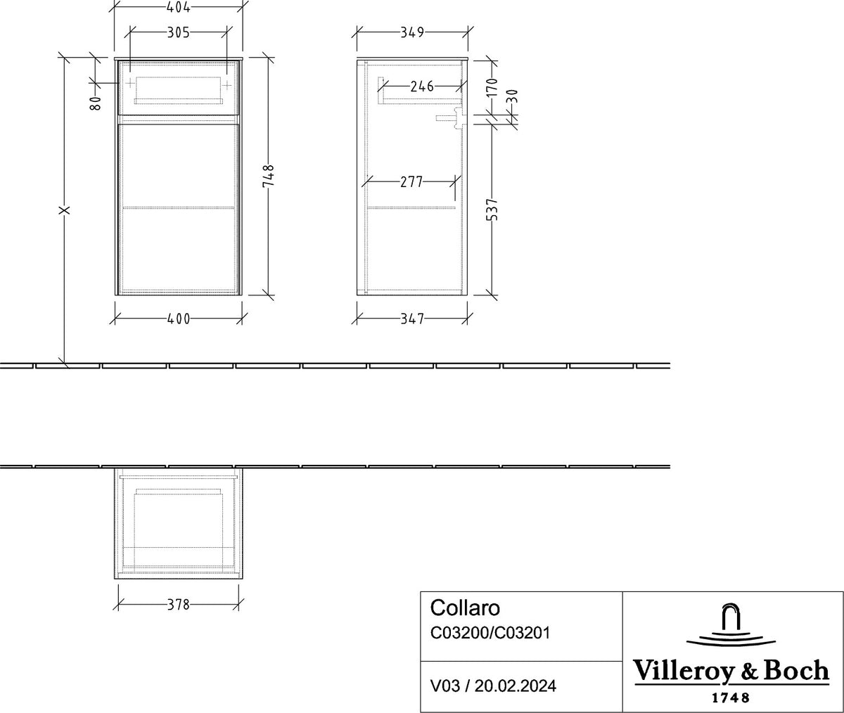 Villeroy & Boch Seitenschrank Collaro C03200, 404x748x349 mm, Arizona Oak, eckig, mit SoftClosing