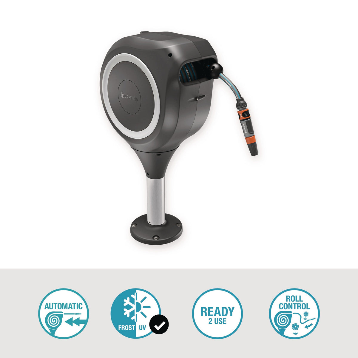 GARDENA Terrassen-Schlauchbox RollUp S 398 mm mit 15 m Schlauch und 360°-Drehung