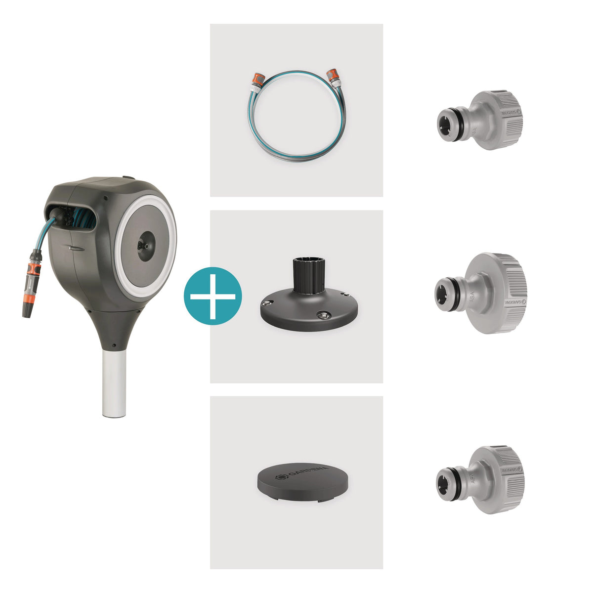 GARDENA Terrassen-Schlauchbox RollUp S 398 mm mit 15 m Schlauch und 360°-Drehung