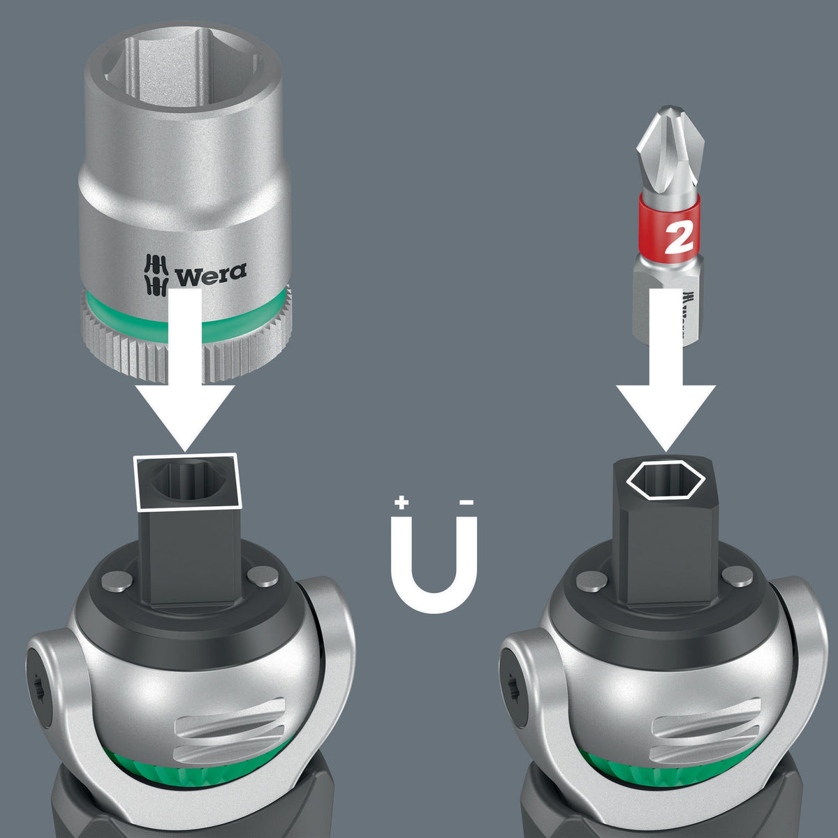 WERA Schwenk- und Umschaltknarre 8009 Zyklop Pocket Set 1 – 3/8″ + 1/4″ mit 72 Zähnen und Bit-Magazin