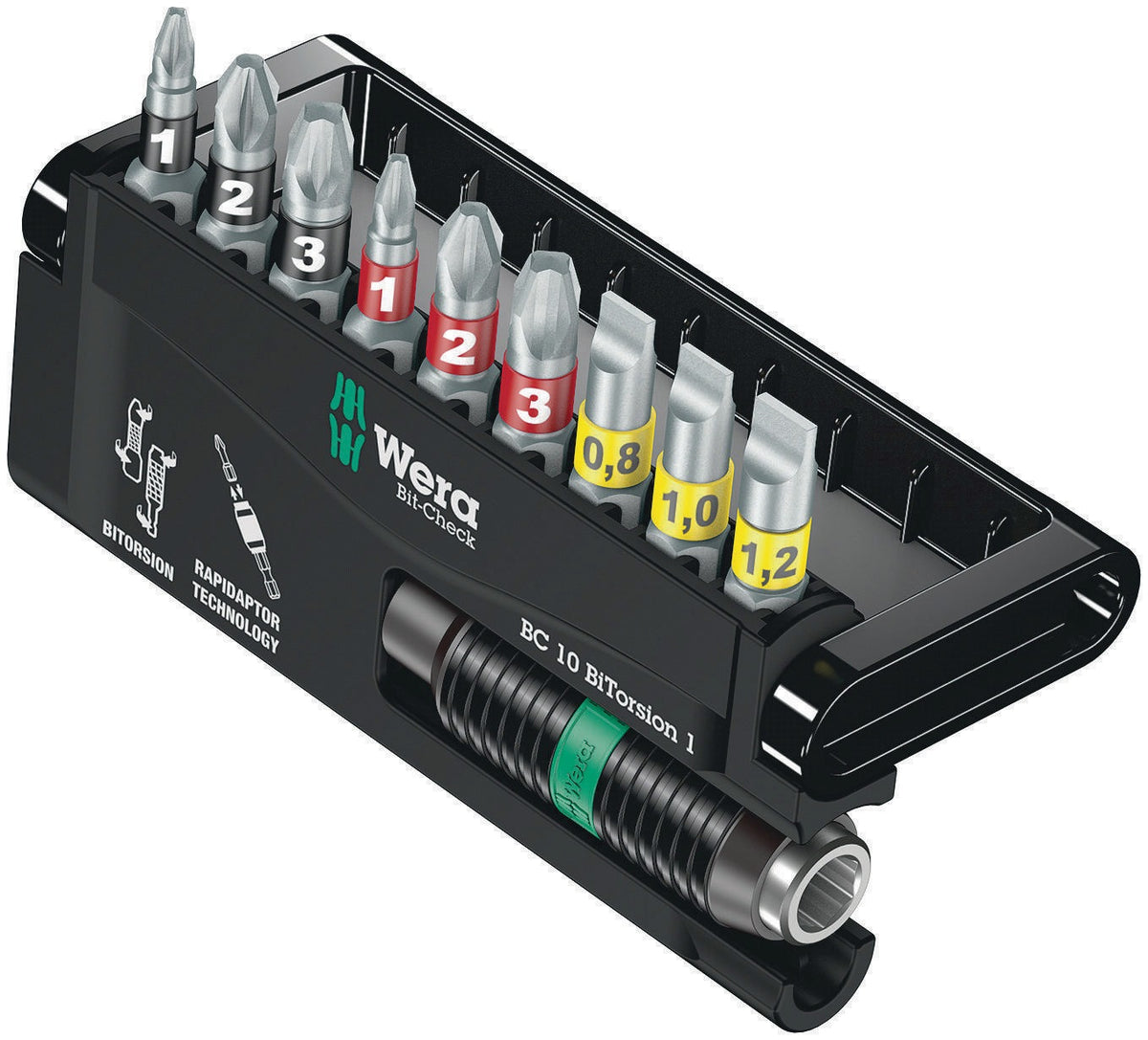 WERA Bit-Check 12 BiTorsion 1 Bitsortiment 12-teilig PH/PZD/TX mit Rapidaptor Bithalter