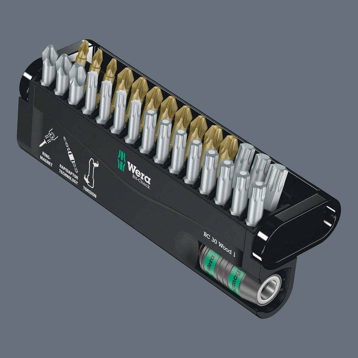 WERA Bit-Check 30 Wood 1 Bitsortiment 30-teilig PH/PZD/TX mit Rapidaptor Bithalter