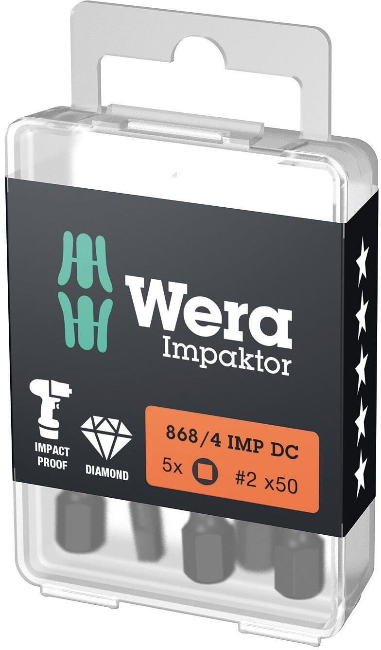 Wera Bit 868/4IMP DC Innenvierkant #2x50 mm diamantbeschichtet für Schlagschrauber, 5er-Pack