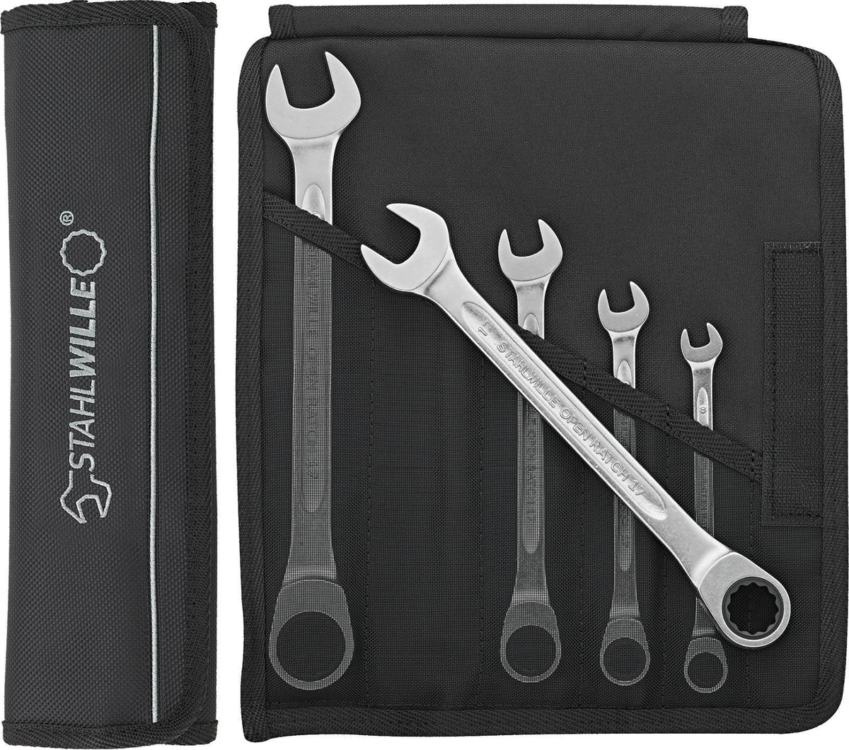 STAHLWILLE Maulringratschenschlüssel-Satz 17F/5, 5-teilig, SW 8-19 mm, flache Ausführung, 72 Zähne, in Rolltasche