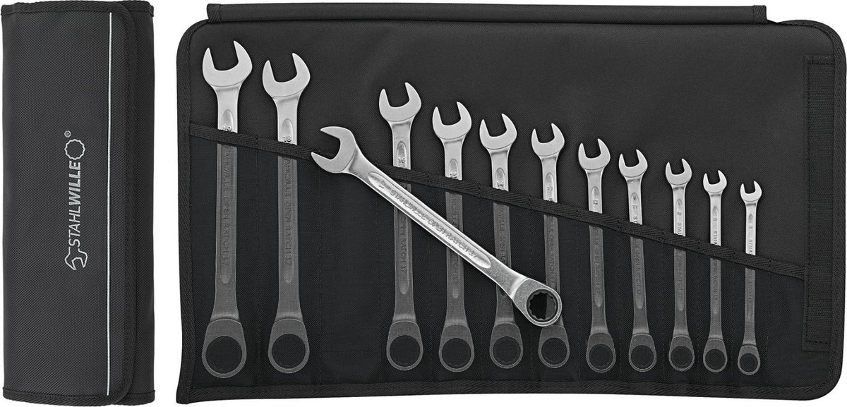 STAHLWILLE Maulringratschenschlüssel-Satz 17F/5, 5-teilig, SW 8-19 mm, flache Ausführung, 72 Zähne, in Rolltasche