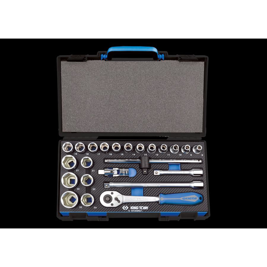 KING TONY Profi-Werkzeuge - 1/2" 6-Kant Steckschlüssel-Set, metrisch, mit Zubehör - 23 tlg. 4523MRE01
