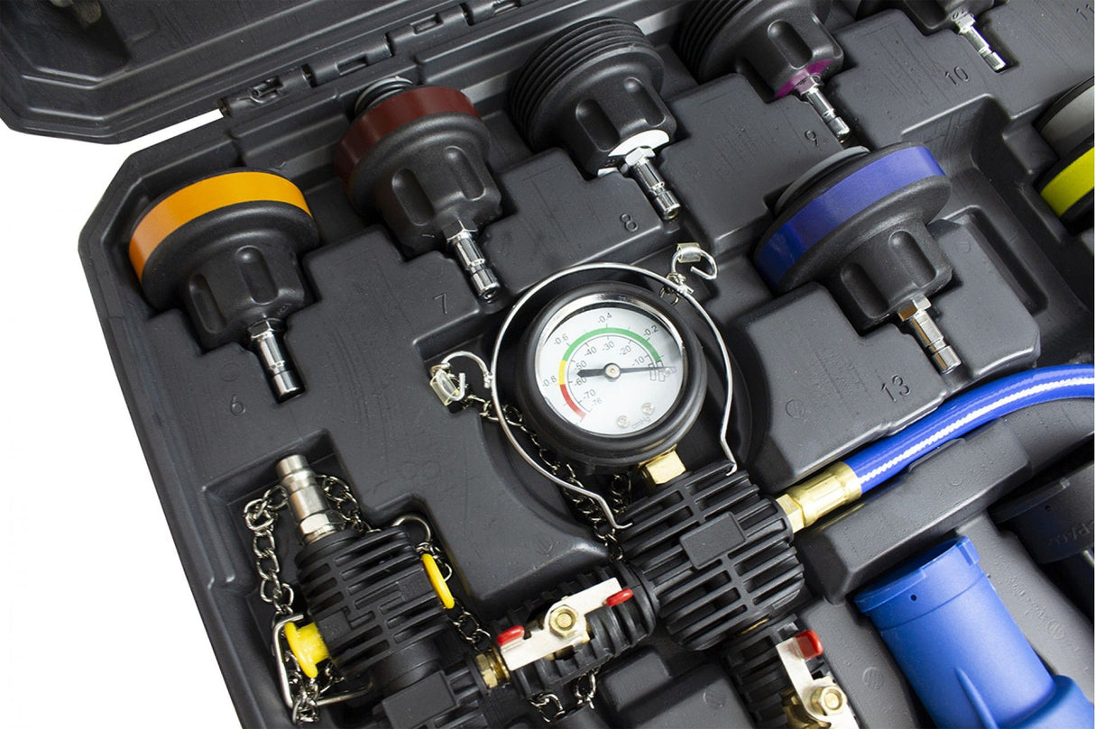 KROFtools Kühlsystem-Druckprüfgerät mit Adapter-Set, Kühlsystem Prüfgerät, Vakuum-Abdruck-Set 28-teilig - 2514 - K-2514