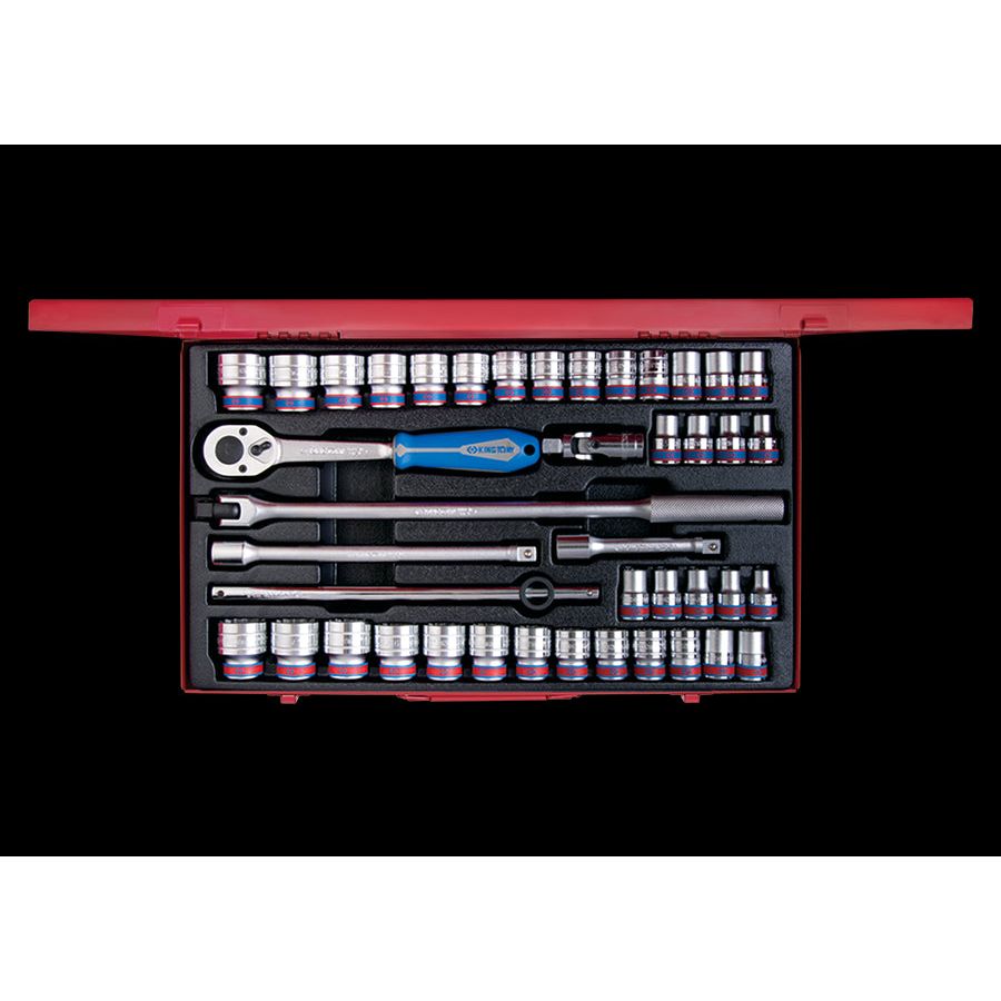 KING TONY Profi-Werkzeuge - 1/2" Steckschlüssel- und Zubehörset, metrisch und Zoll - 42 tlg. 4042CR02