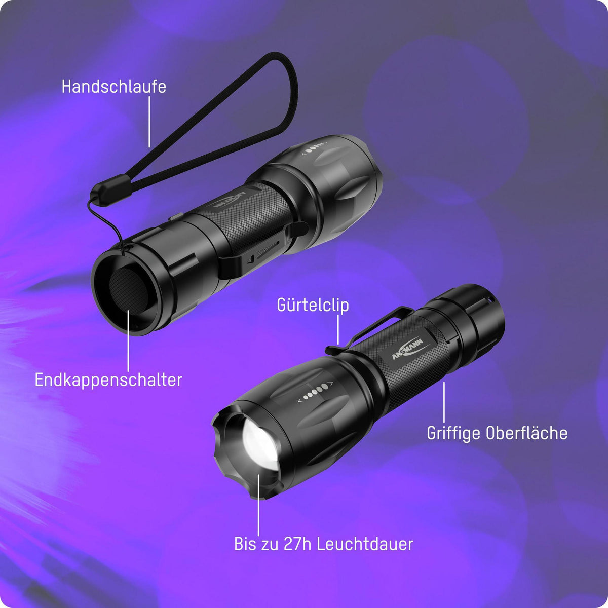 ANSMANN Action 400 UV LED-Taschenlampe – 90 lm, UV-Licht, 3x AAA, 50 m Reichweite