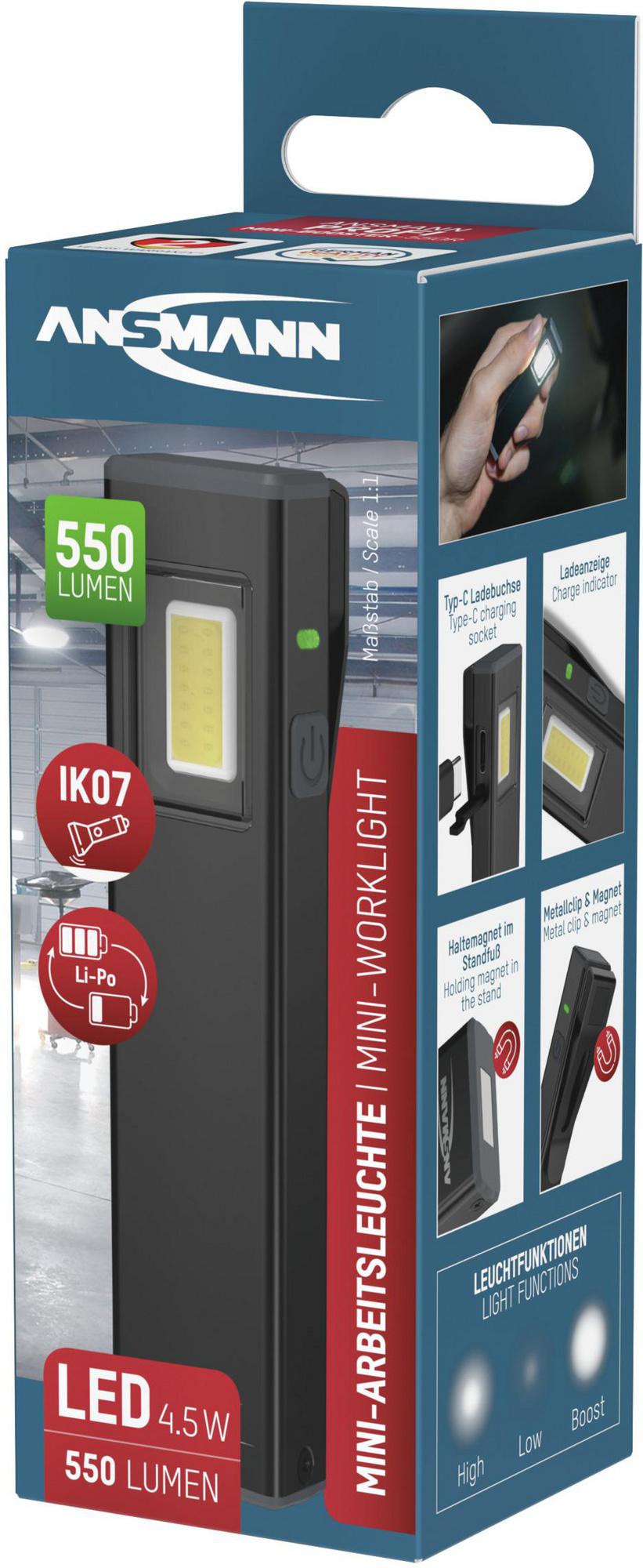 ANSMANN LED-Akkuhandleuchte Mini-Booster-550R, 550 lm, USB-C, 3 Stufen