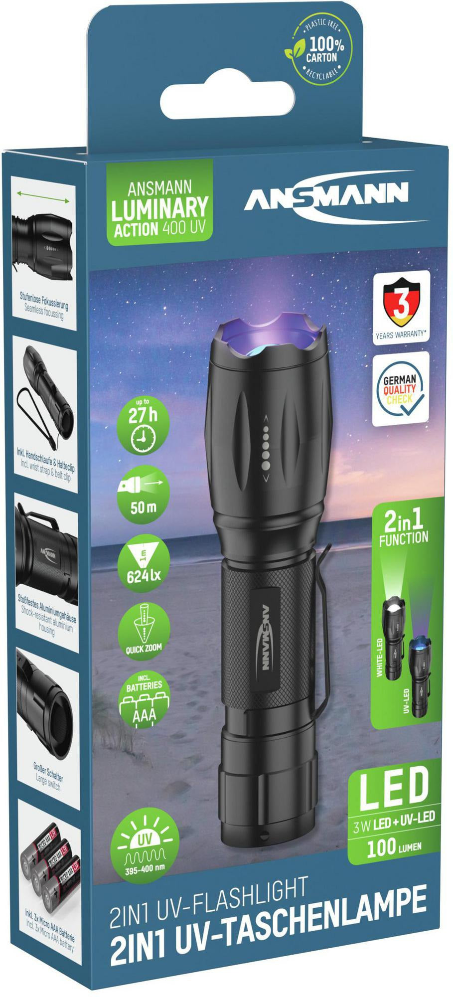 ANSMANN Action 400 UV LED-Taschenlampe – 90 lm, UV-Licht, 3x AAA, 50 m Reichweite