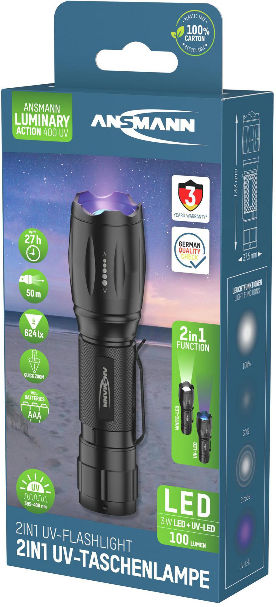 ANSMANN Action 400 UV LED-Taschenlampe – 90 lm, UV-Licht, 3x AAA, 50 m Reichweite