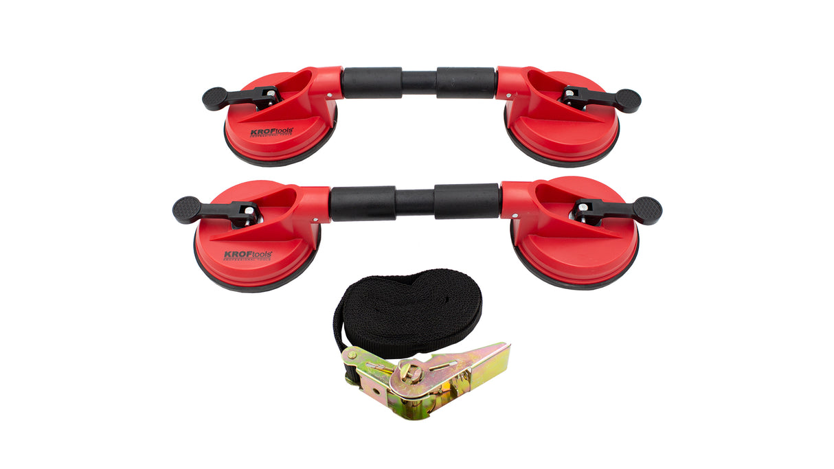 KROFtools 80 kg Saugheber-Set mit Spanngurt, Doppelsaugheber-Satz, Glasscheibenträger 3-teilig bis 2×80 - 5401 - K-5401