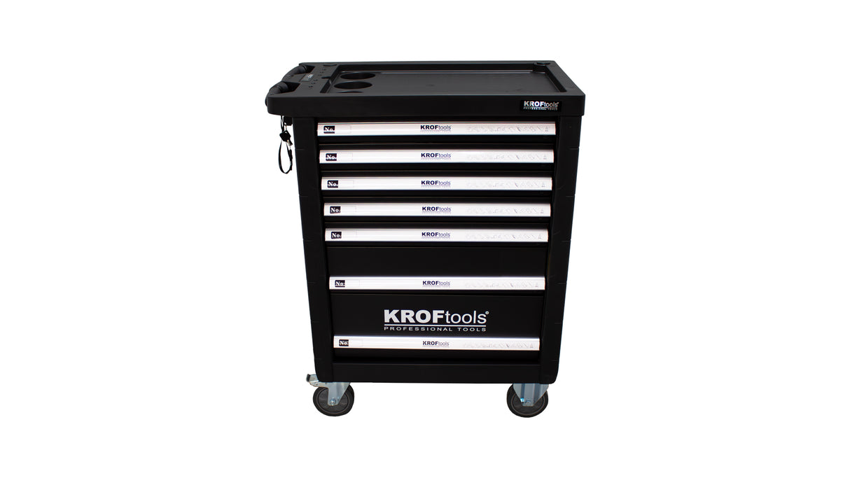 KroofTools Werkstattwagen bestückt - Werkzeugwagen gefüllt, bestückt mit 160 Teile, 7 Schubladen - schwarz - 8612