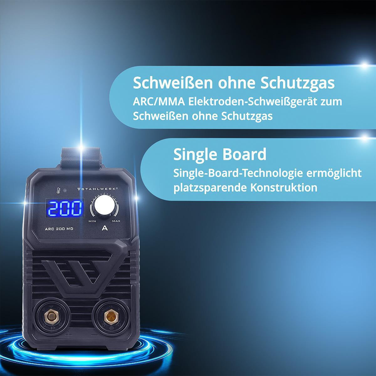 STAHLWERK Elektrodenschweißgerät ARC 200 MD mit Zubehör 20-200 A – IGBT-Inverter, Hotstart & Anti-Stick
