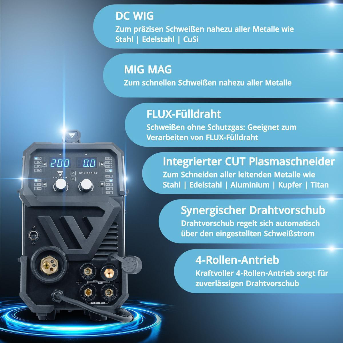 STAHLWERK CTM-250 ST 4-in-1 Kombi-Schweißgerät mit Plasmaschneidfunktion, 200 A Inverter