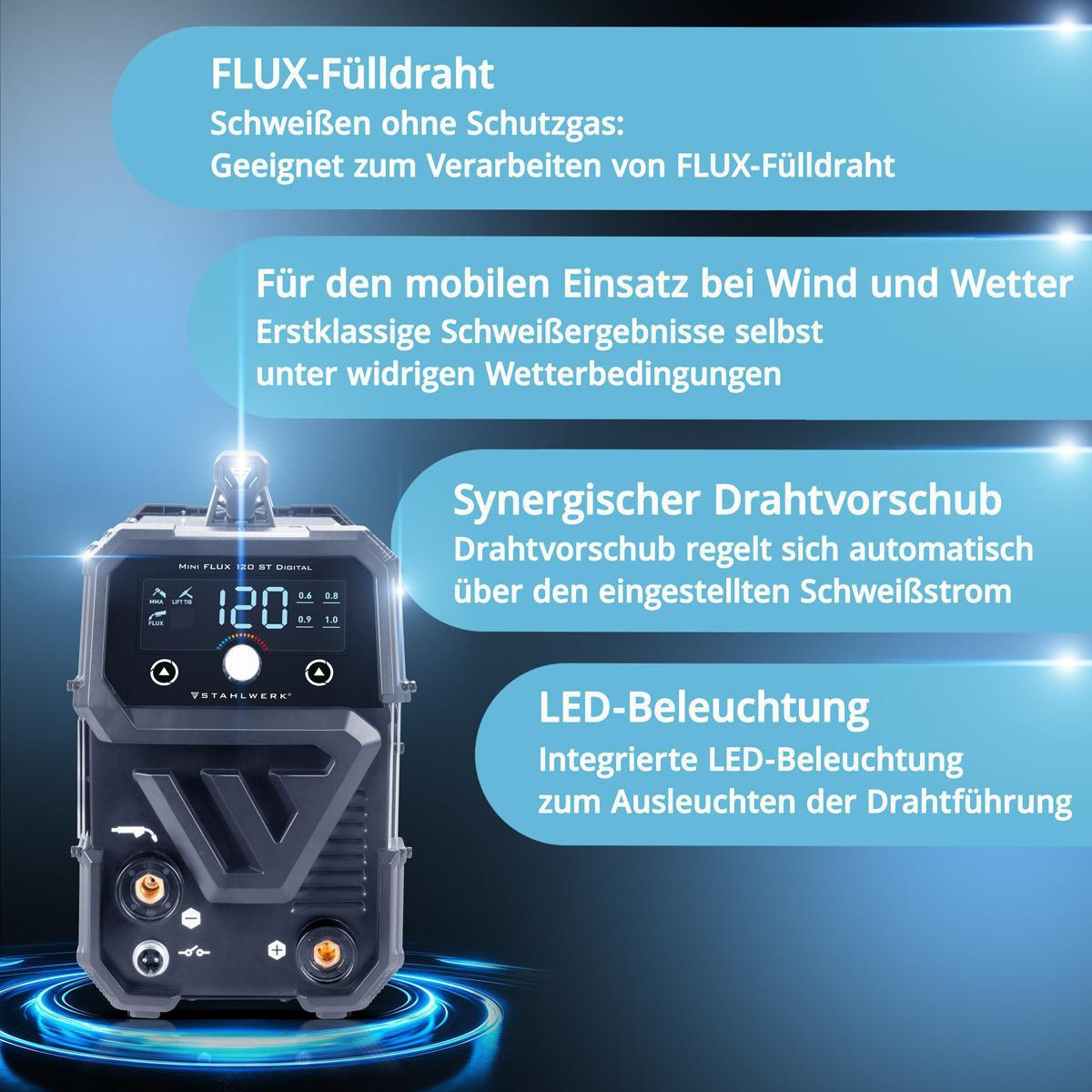 STAHLWERK Fülldrahtschweißgerät Mini FLUX 120 ST Digital mit Zubehör 20-120 A