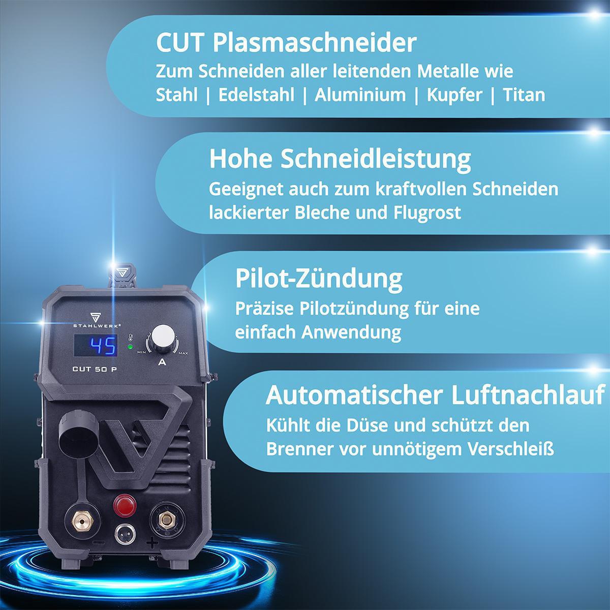 STAHLWERK Plasmaschneidinverter CUT 50 P mit Zubehör – 15–45 A, HF-Pilotzündung, bis 15 mm Baustahl