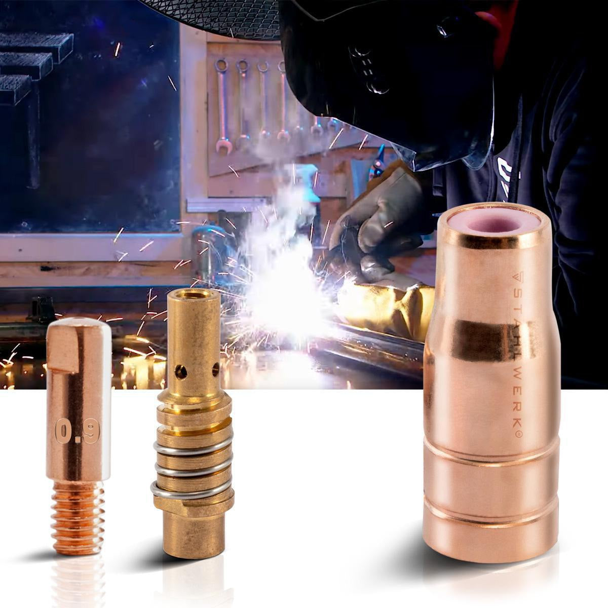 STAHLWERK Verschleißteile-Set FLUX AK15/MB15 – 23-teilig, Stromdüsen Ø 0,9 mm