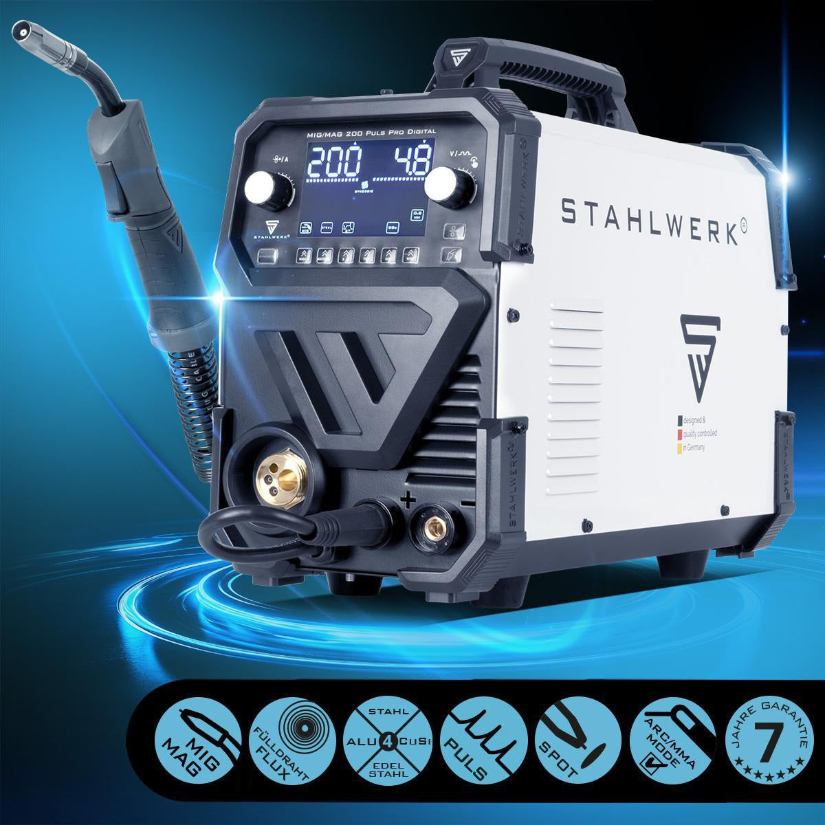 STAHLWERK MIG MAG 200 Puls Pro Digital Schutzgasschweißgerät mit Zubehör, 200 A, vollsynergisch