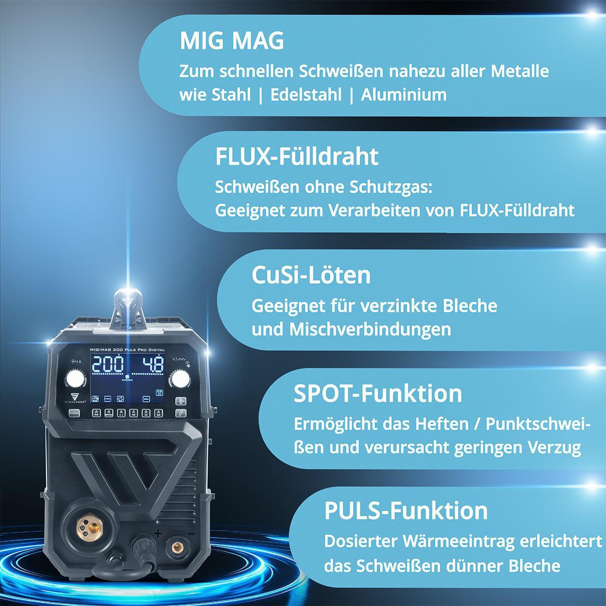 STAHLWERK MIG MAG 200 Puls Pro Digital Schutzgasschweißgerät mit Zubehör, 200 A, vollsynergisch