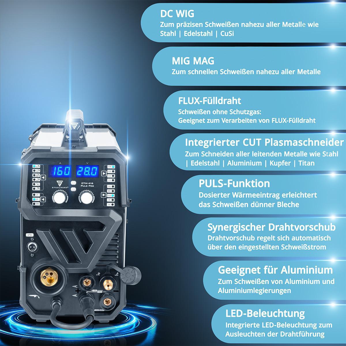 STAHLWERK CTM-416 PULS Pro Inverterschweißgerät 6-in-1 mit 160 A und Plasma-Schneider