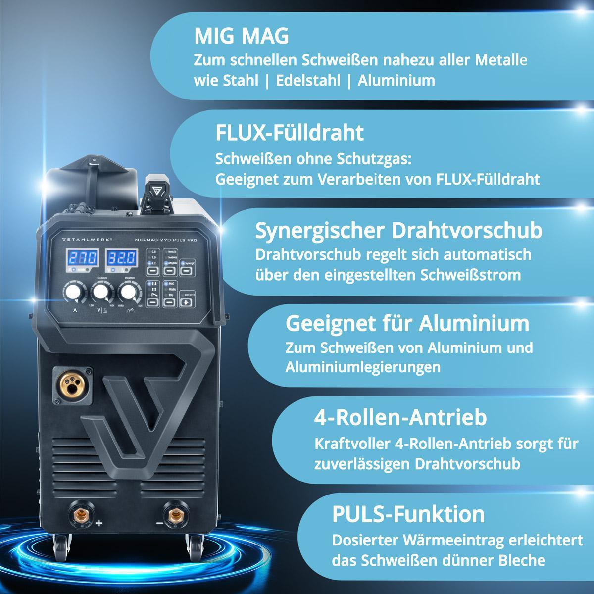 STAHLWERK MIG 270 Puls Pro Schutzgasschweißgerät 270 A mit Pulsfunktion, MIG/MAG, Lift TIG, MMA