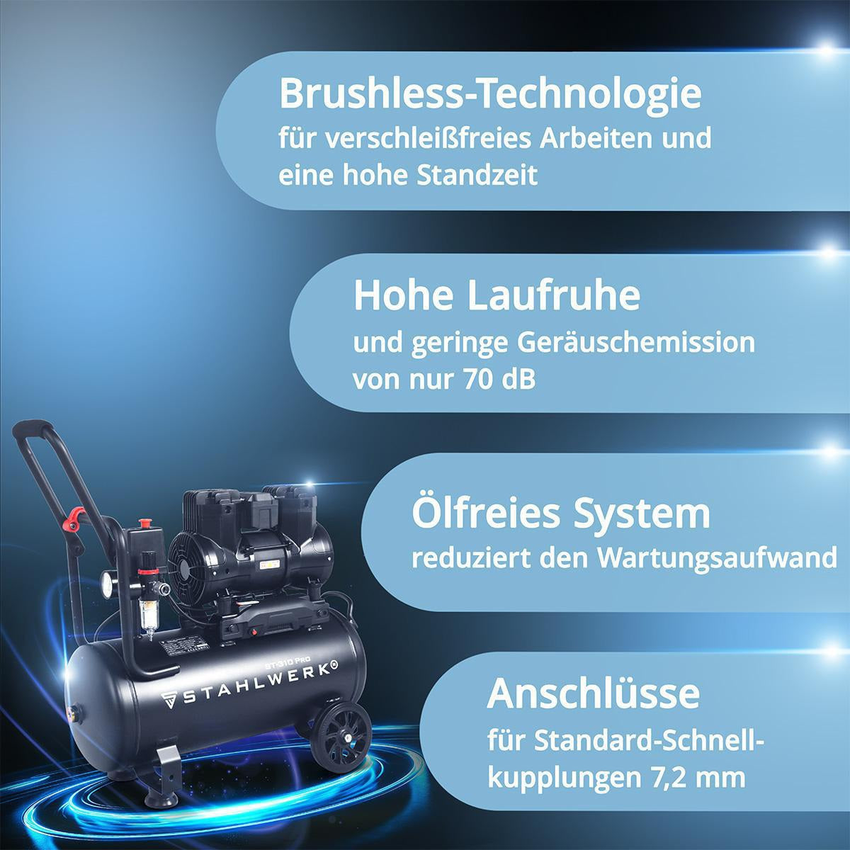 STAHLWERK Kompressor ST-310 Pro – 250 l/min, 8 bar, 30 l, ölfrei & flüsterleise