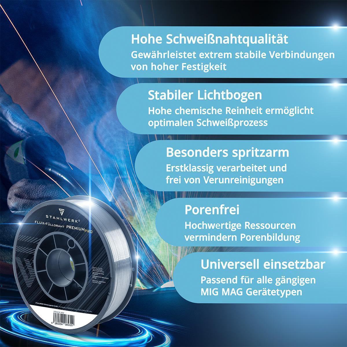 STAHLWERK Fülldraht FLUX E71T-GS 0,8 mm 5 kg – Selbstschützender Schweißdraht für Stahlarbeiten