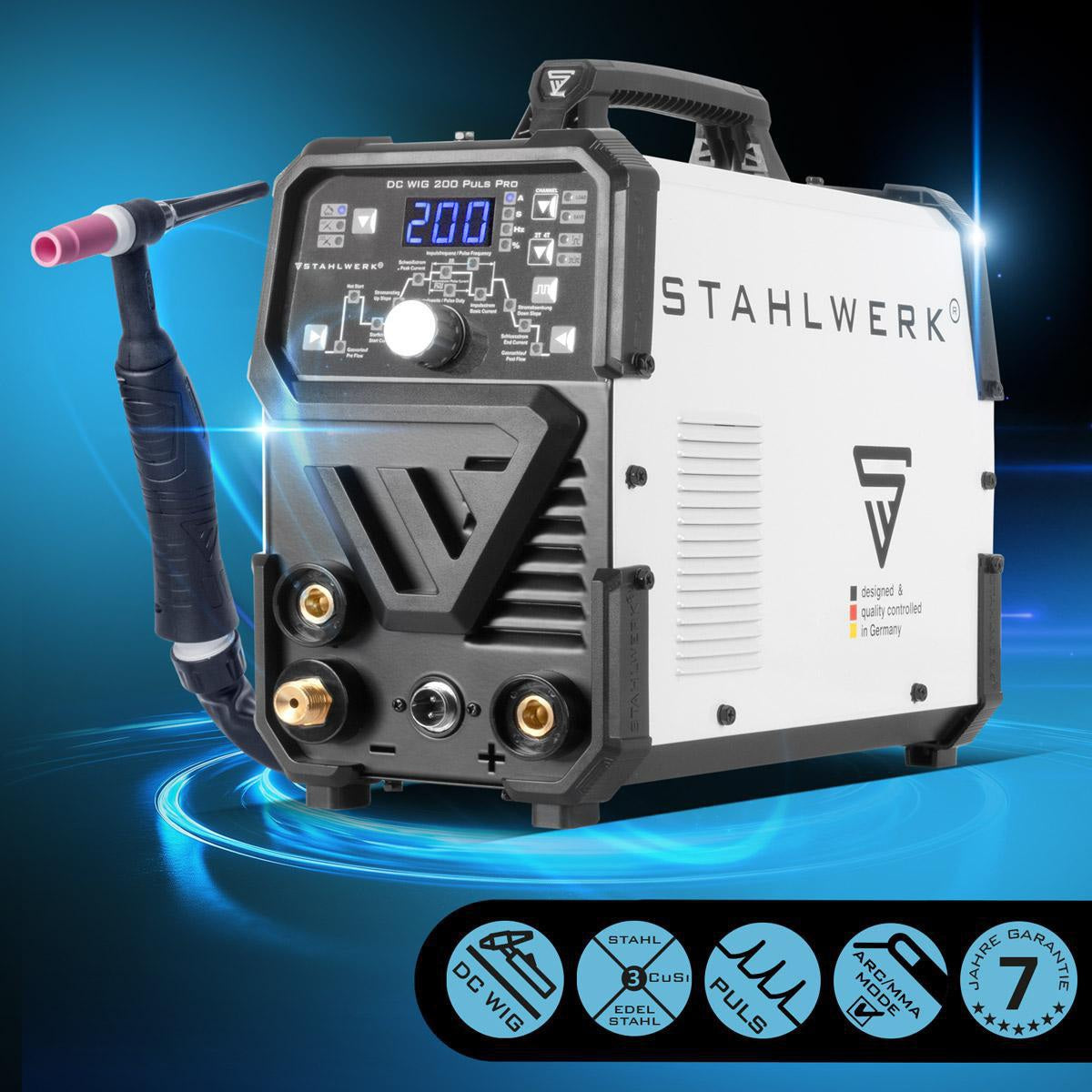 STAHLWERK DC WIG 200 Puls Pro Inverterschweißgerät – 2-in-1 WIG/MMA, 200 A, luftgekühlt, mit Zubehör