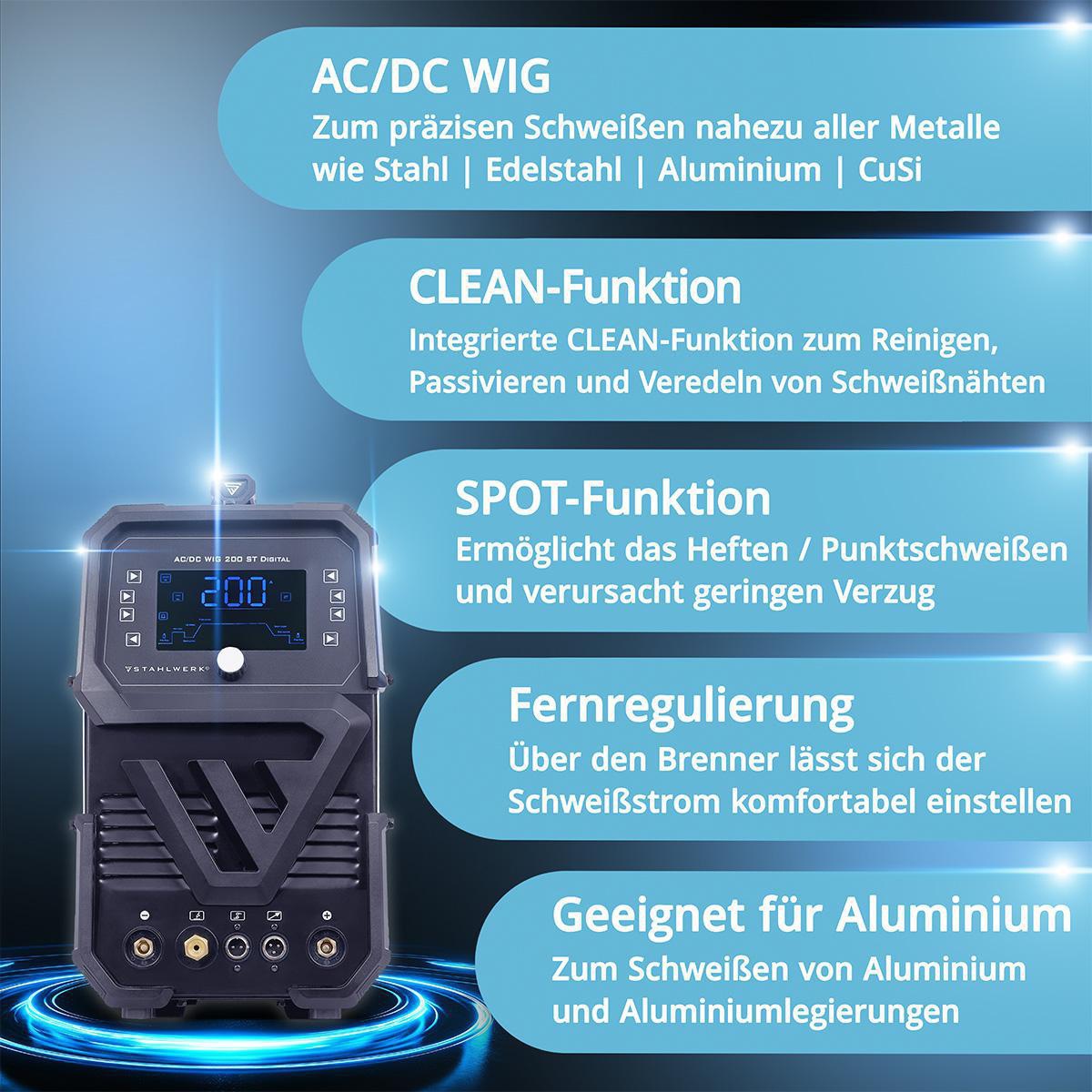 STAHLWERK AC/DC WIG 200 ST Digital Inverterschweißgerät – 3-in-1 WIG/MMA/Clean, 200 A, IGBT