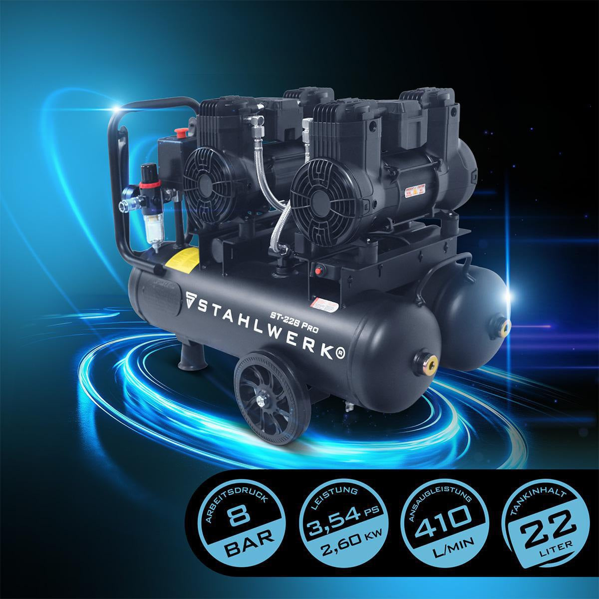 STAHLWERK Kompressor ST-228 Pro – 410 l/min, 8 bar, 22 l, ölfrei & flüsterleise