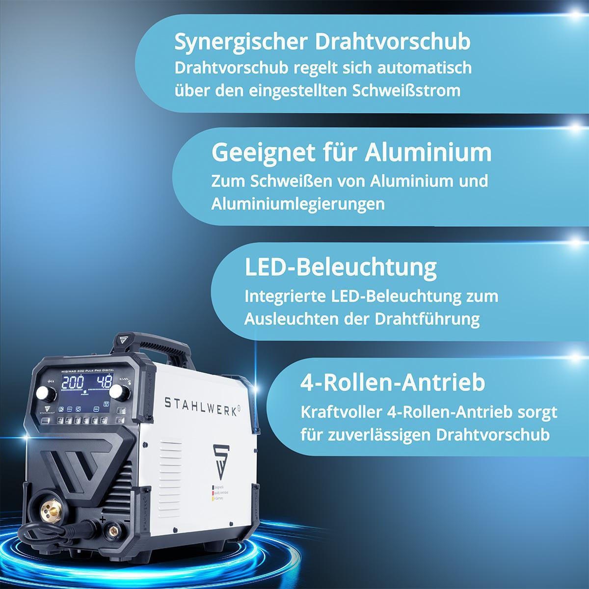 STAHLWERK MIG MAG 200 Puls Pro Digital Schutzgasschweißgerät mit Zubehör, 200 A, vollsynergisch