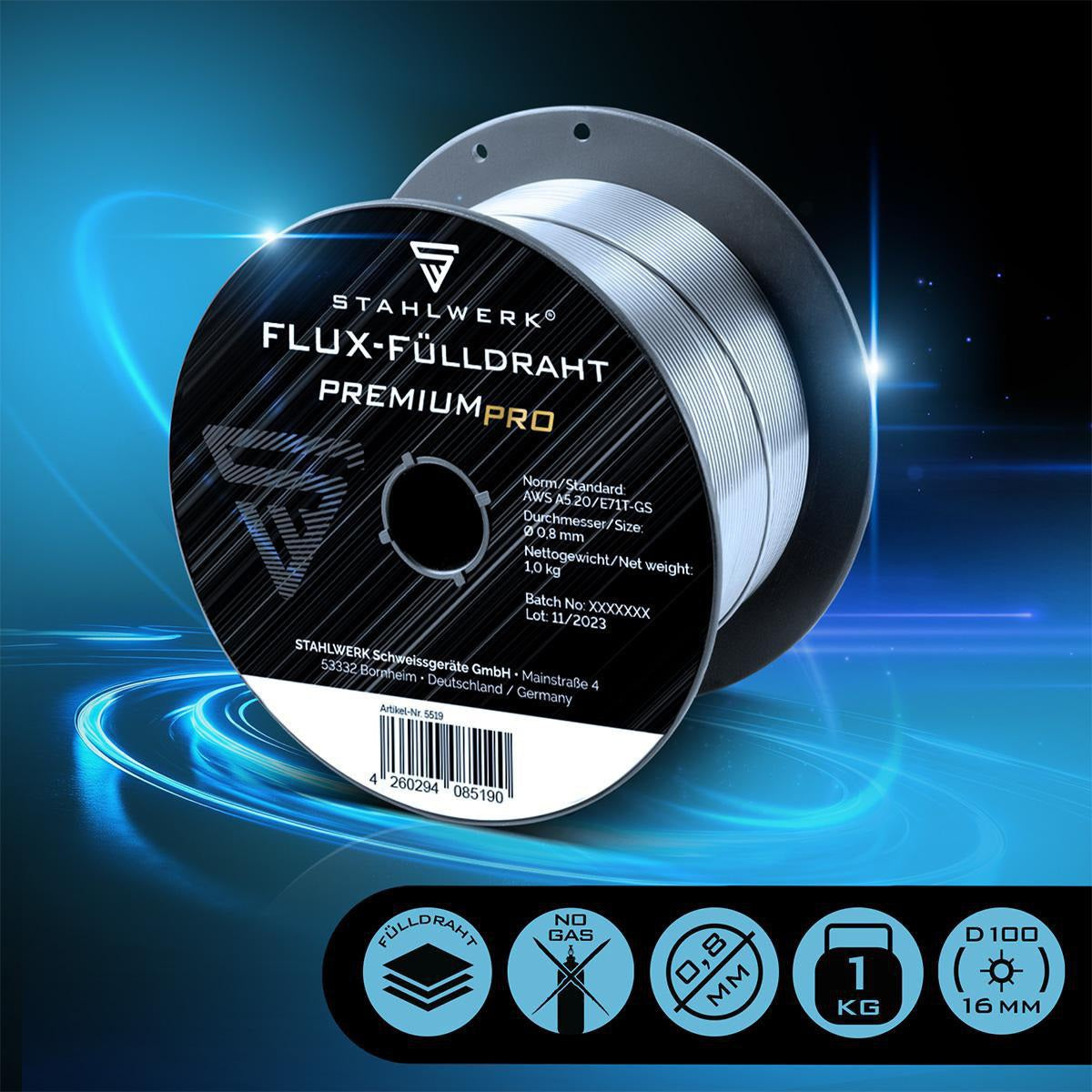 STAHLWERK Fülldraht FLUX E71T-GS 0,8 mm S100/D100 – Selbstschützend, Spritzarm