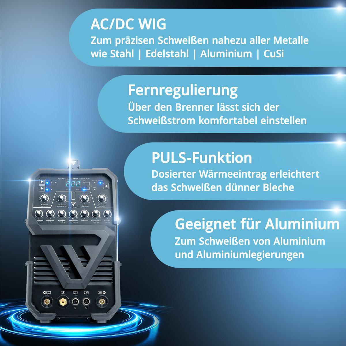 STAHLWERK AC/DC WIG 200 Puls ST Inverterschweißgerät mit Zubehör – 200 A, WIG/MMA, Pulsfunktion