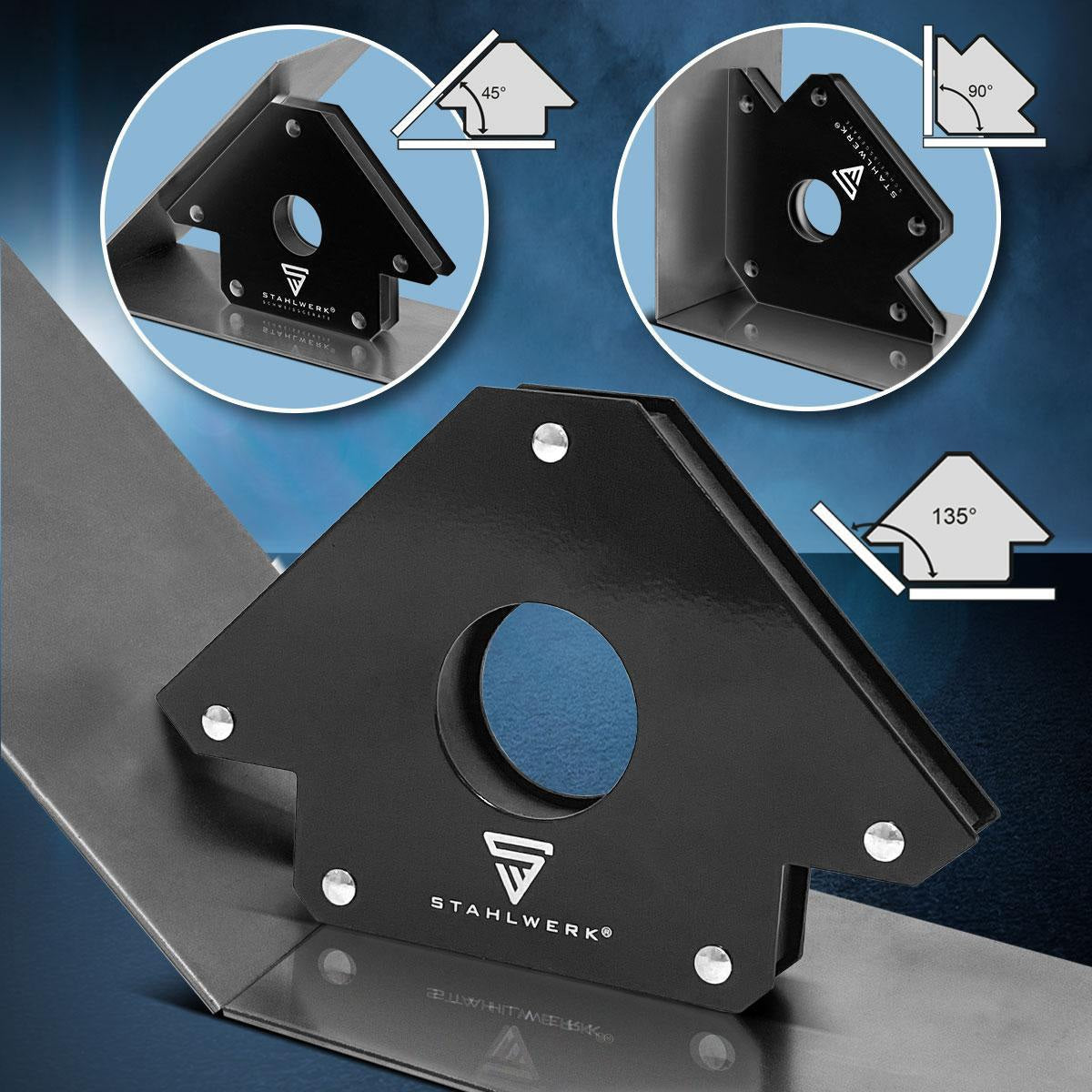 STAHLWERK Magnet-Schweißwinkel 34 kg / 75 lbs daN, 45° / 90° / 135°, 2er-Set
