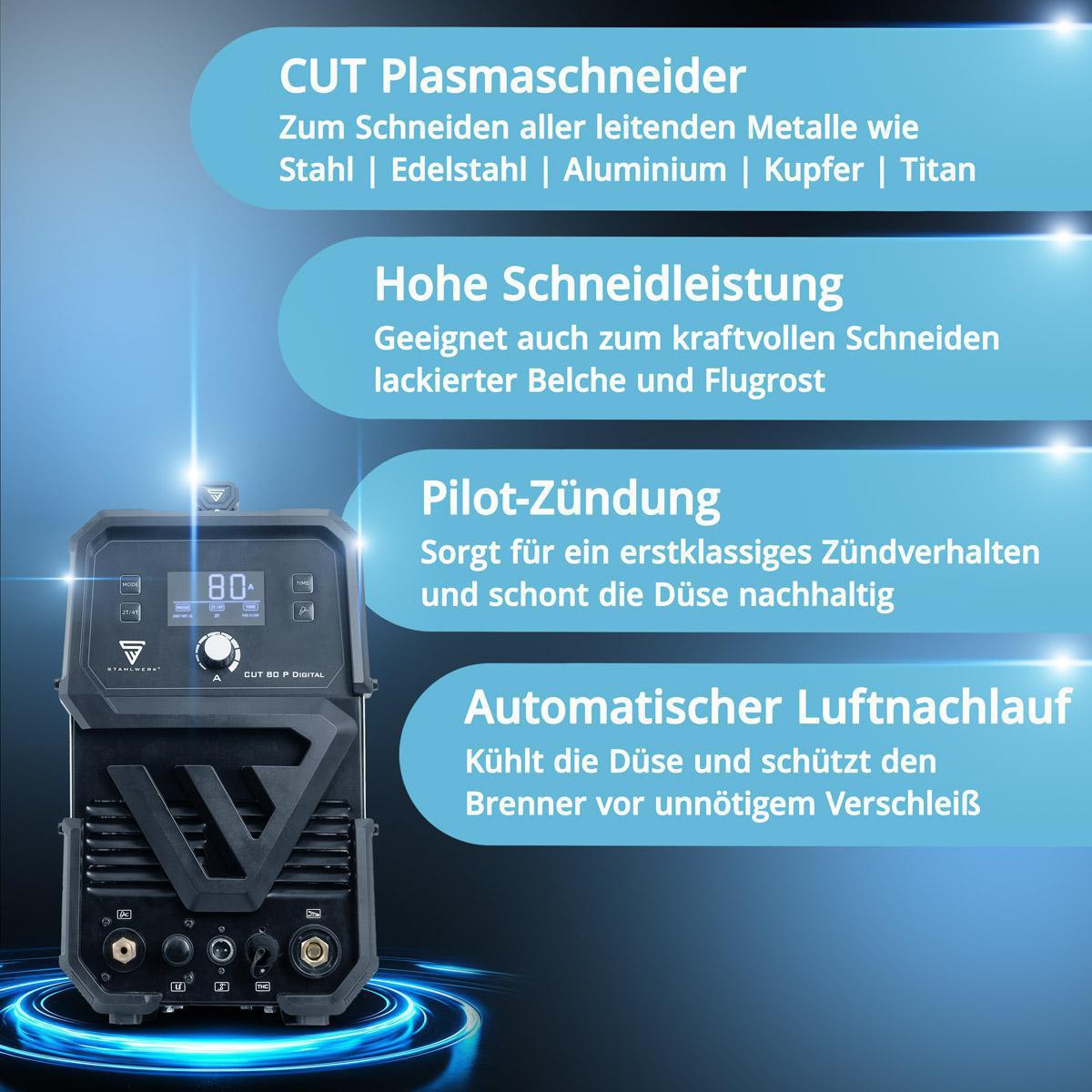STAHLWERK Plasmaschneider CUT 80 P Digital – 80 A, 400 V, bis 25 mm Baustahl, mit Zubehör