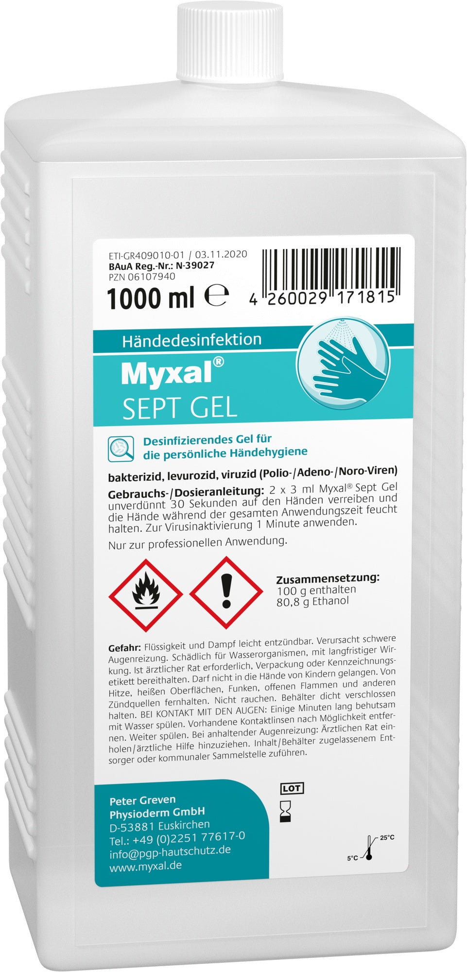 MYXAL® SEPT GEL 1l parfüm-/farbstofffrei Hartflasche – alkoholisches Handdesinfektionsgel