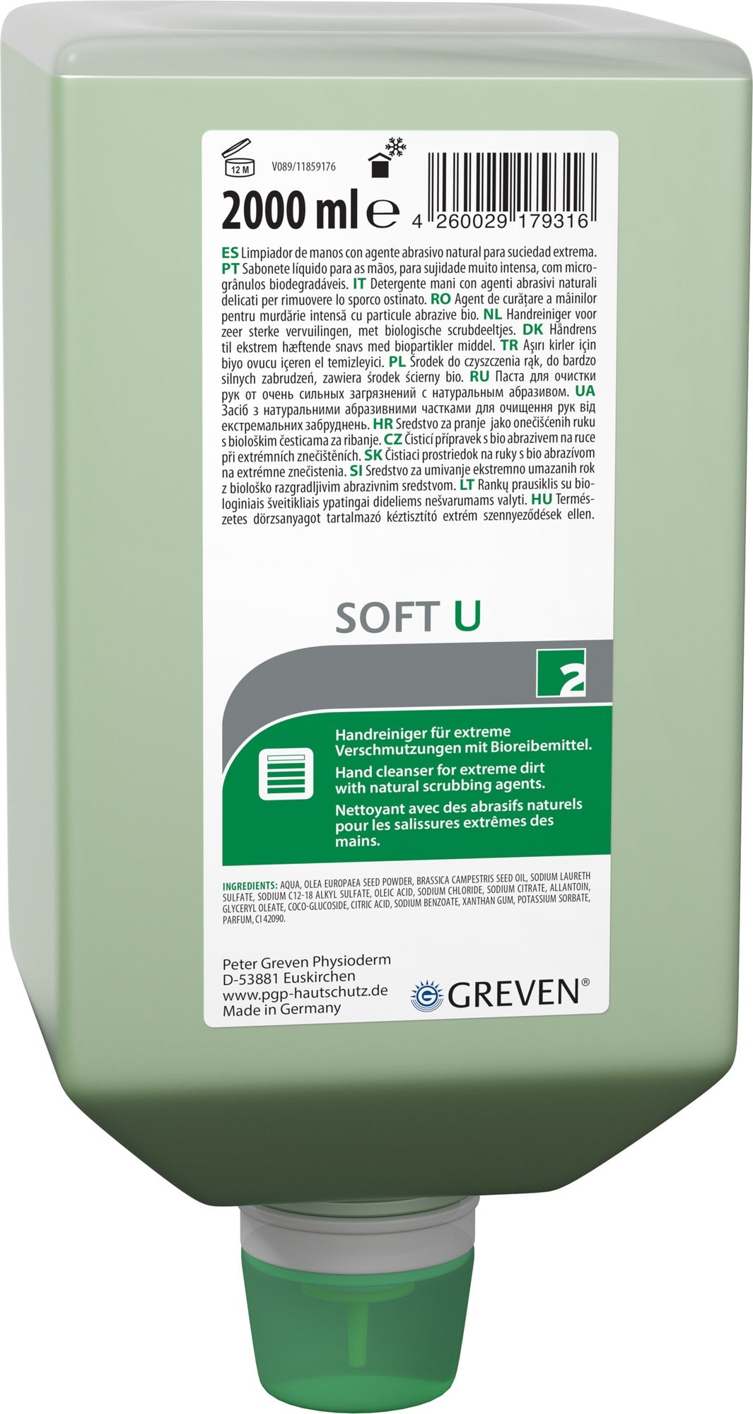 GREVEN® SOFT U Handreiniger 2l – lösemittelfrei, mit Olivenkernmehl & Rapsöl