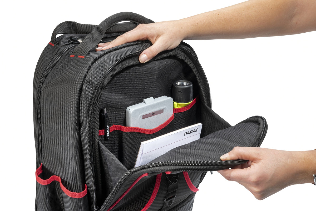 PARAT Werkzeugrucksack B360xT170xH440mm Nylon schwarz/rot – 15 Fächer & Laptopfach