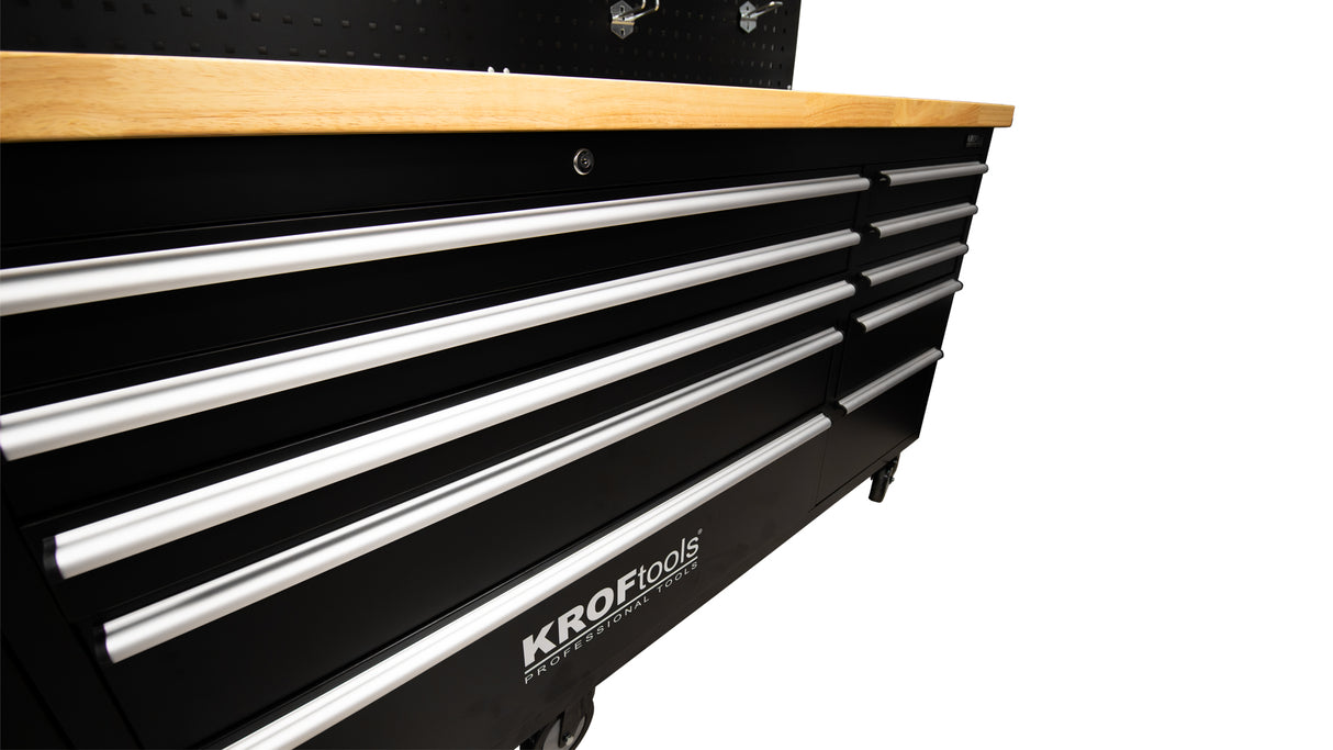 KROFtools Profi 215cm Werkbank mit Schubladen, LED und Rückwand, fahrbarer Werkstattwagen - 8631
