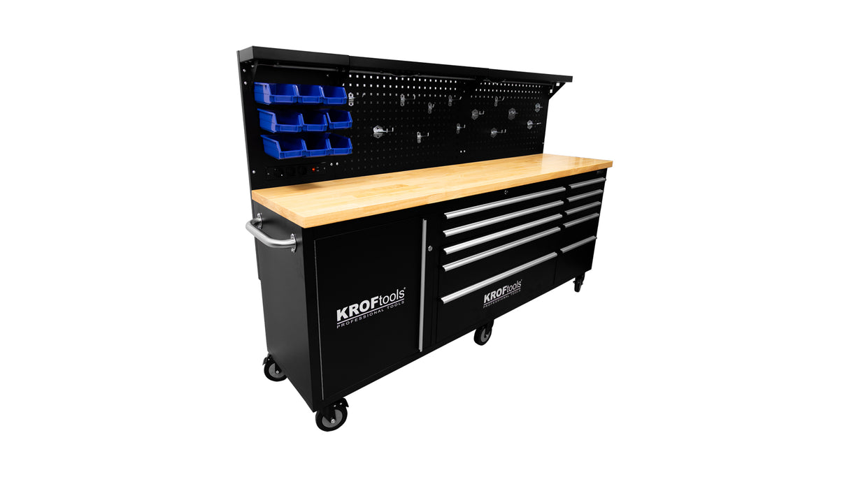 KROFtools Profi 215cm Werkbank mit Schubladen, LED und Rückwand, fahrbarer Werkstattwagen - 8631