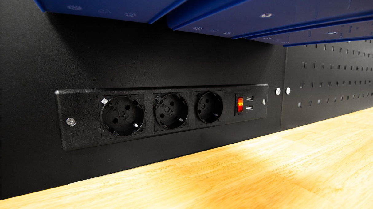 KROFtools Profi 215cm Werkbank mit Schubladen, LED und Rückwand, fahrbarer Werkstattwagen - 8631