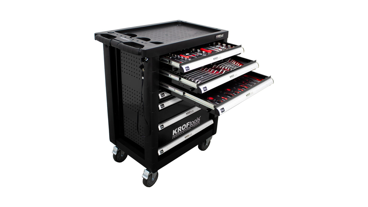 KroofTools Werkstattwagen bestückt - Werkzeugwagen gefüllt, bestückt mit 160 Teile, 7 Schubladen - schwarz - 8612