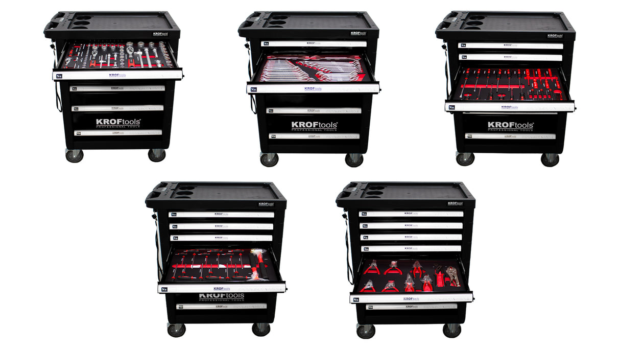 KroofTools Werkstattwagen bestückt - Werkzeugwagen gefüllt, bestückt mit 160 Teile, 7 Schubladen - schwarz - 8612