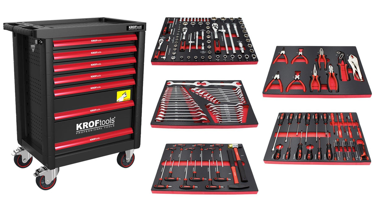 KROFtools Werkzeugwagen, bestückt mit 160 Werkzeugen, 7 Schubladen - REF. 8621