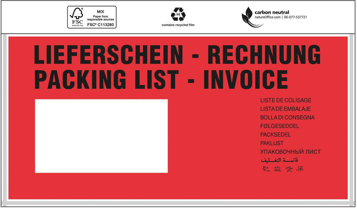 TRANSPAK Dokumententaschen Premium DIN lang 240x110 mm mit Aufdruck Lieferschein/Rechnung
