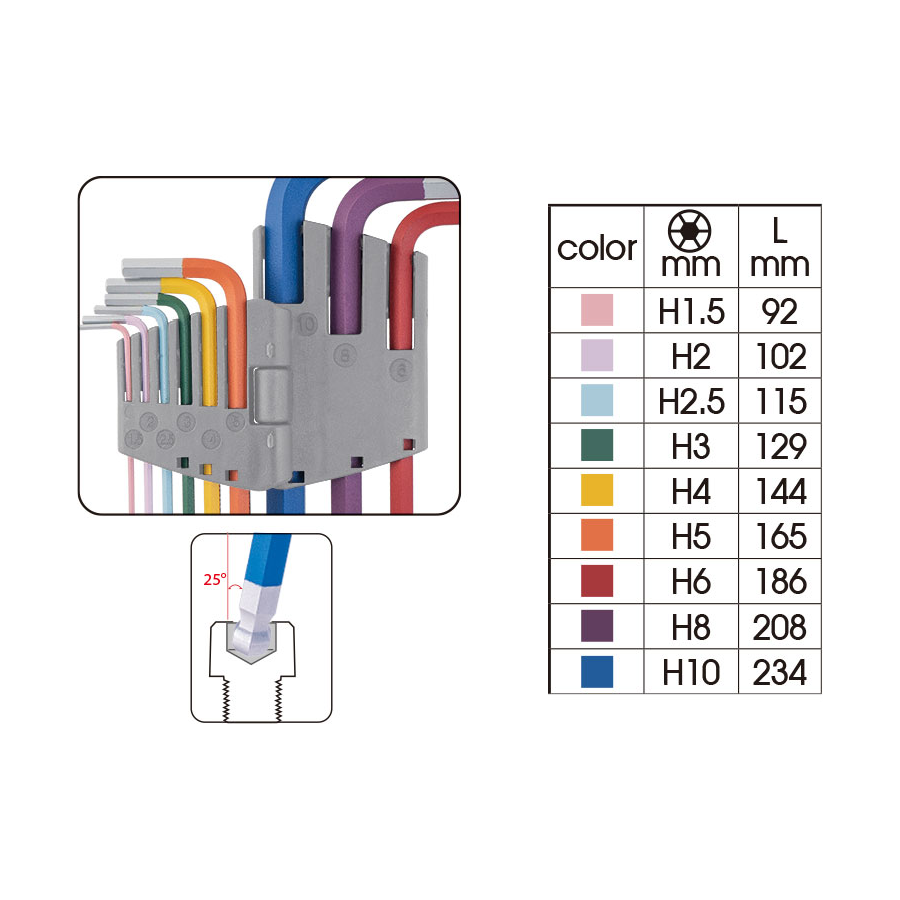 KING TONY Profi-Werkzeuge - 6-Kantschlüssel-Set, runder Kopf, extra lang - 9 tlg. Farbcode 20109MW